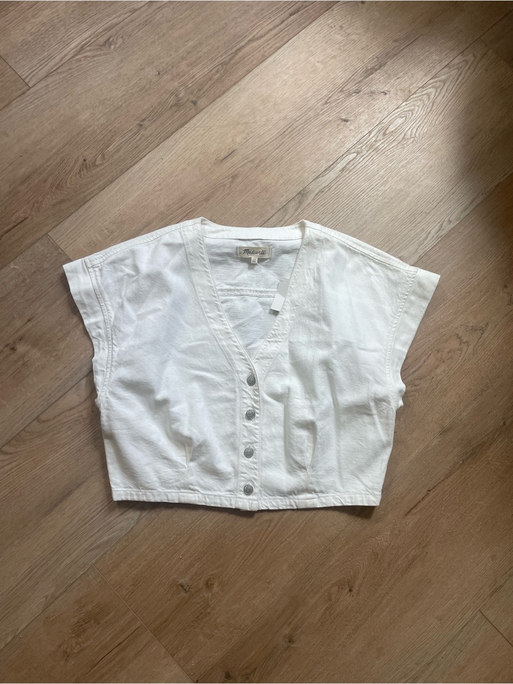 Madewell White Button-Front Cropped V-Neck Top denim 12 L